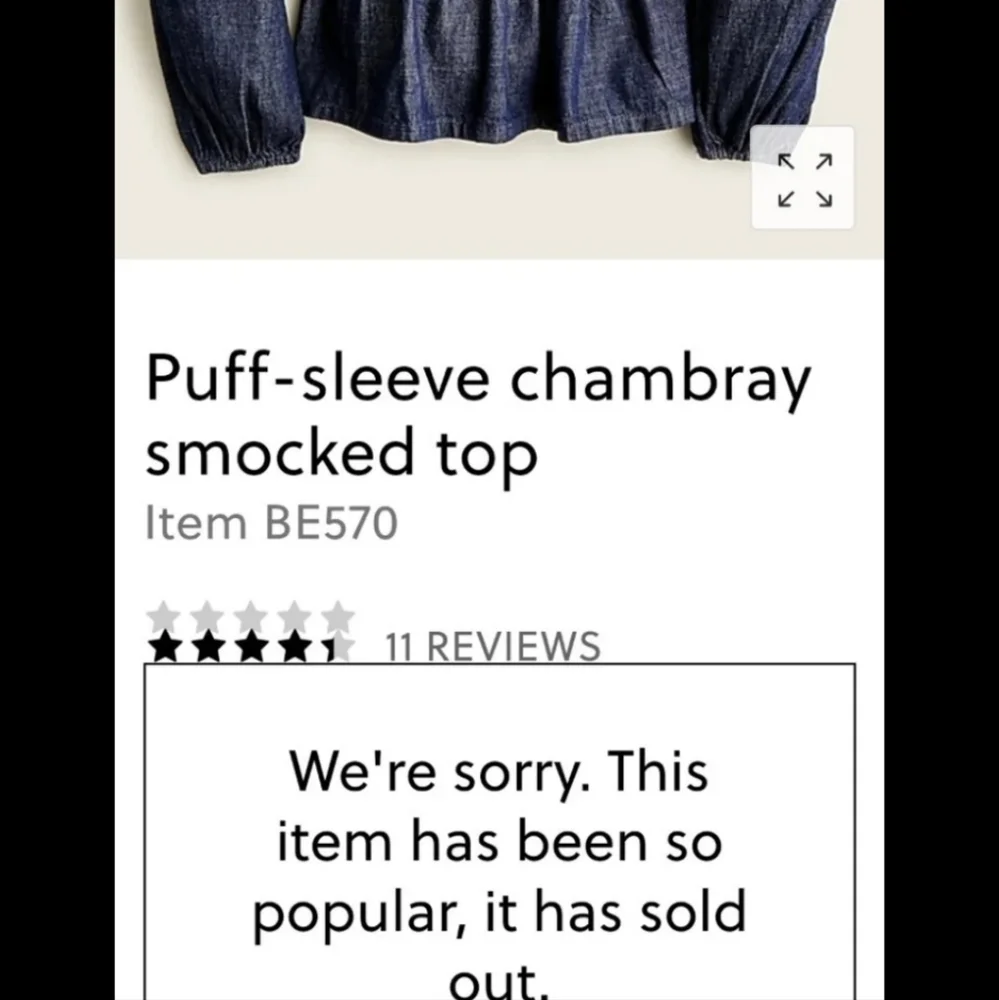 J.CREW PUFFY SLEEVE CHAMBRAY JEANS SMOCKED TOP XS BNWT $98 1 LEFT!